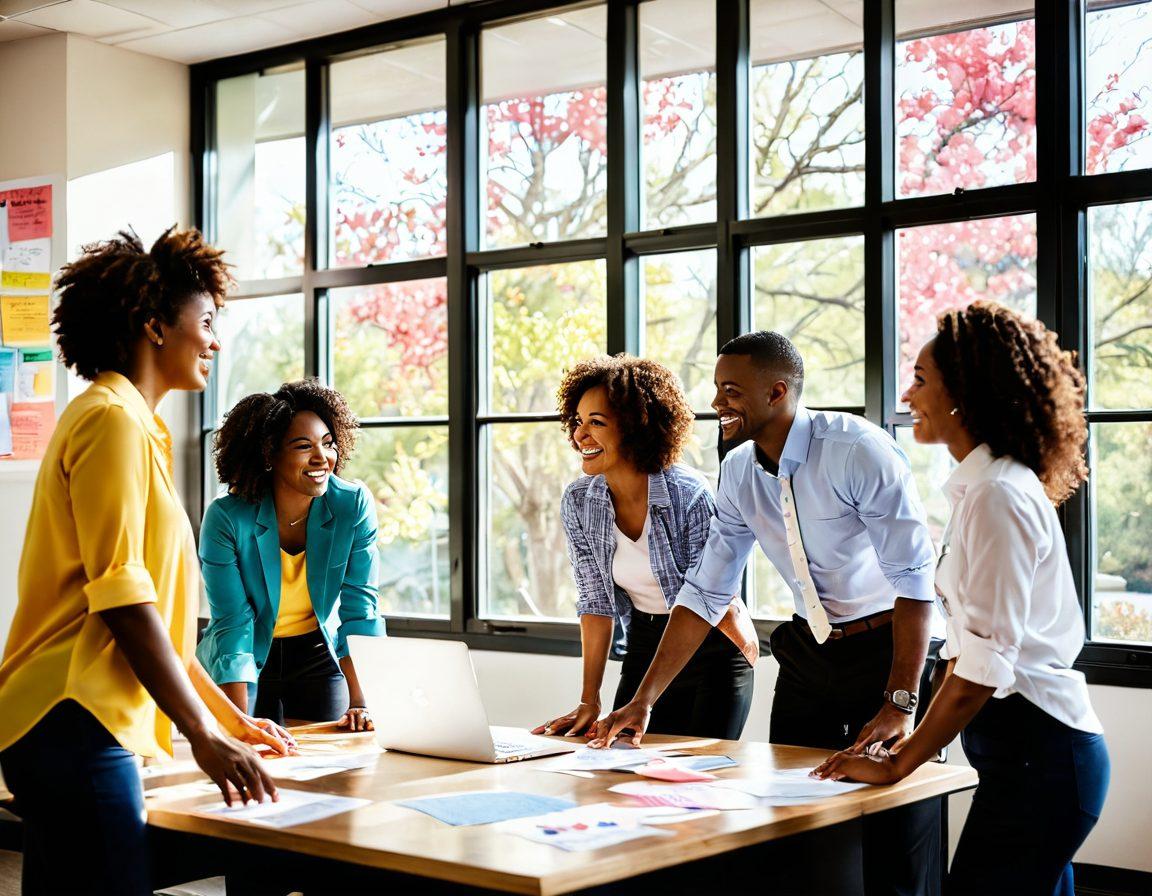 A diverse group of professionals in an office setting, collaborating with enthusiasm and joy, surrounded by colorful team-building activities and motivational posters featuring uplifting quotes. Bright sunlight streams through large windows, creating a warm and inviting atmosphere. Include visual elements representing Georgia, such as peach trees or the state outline in the background. The overall mood should exude positivity and teamwork. vibrant colors. super-realistic.