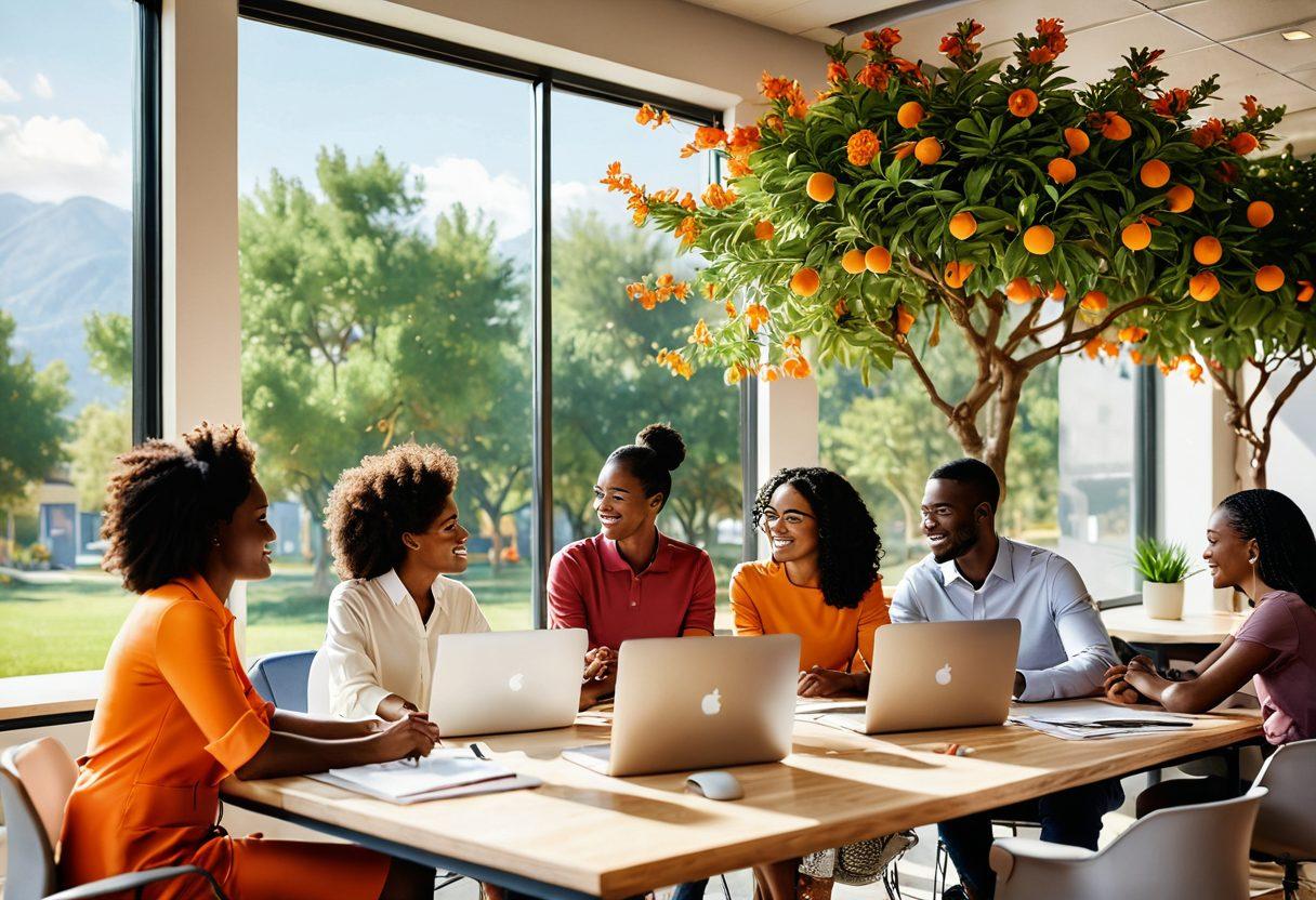 A vibrant scene of a diverse group of employees collaborating joyfully in a sunny office with peach trees visible outside the window, showcasing teamwork dynamics. Highlight friendly interactions, supportive gestures, and creativity in action. Use warm colors to evoke a sense of community and positivity, with subtle hints of the Georgia landscape. 3D rendering. vibrant colors.